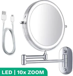 Make Up Spiegel Met Led Verlichting - 10X Vergroting - Wandspiegel Rond - Scheerspiegel Wandmodel - Badkamer - Douche - Chroom