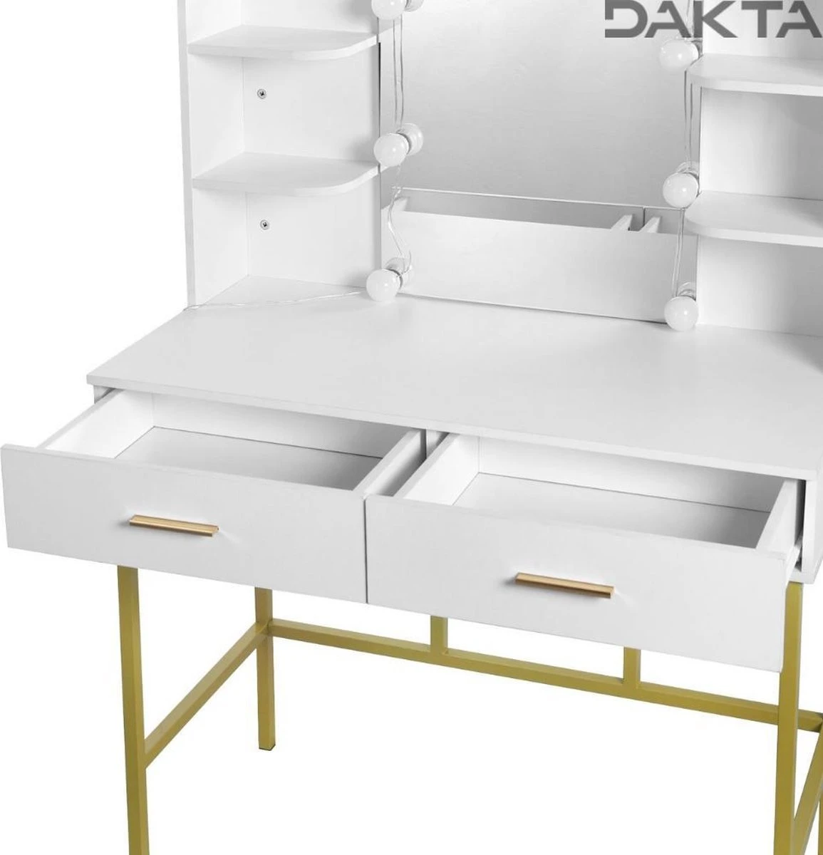 Dakta ® Luxe Make-Up Tafel Met Spiegel Met Verlichting | 2 Lades | Wit En Goud | Kaptafel 4 Dakta ® Luxe Make-Up Tafel Met Spiegel Met Verlichting | 2 Lades | Wit En Goud | Kaptafel - Afbeelding 4
