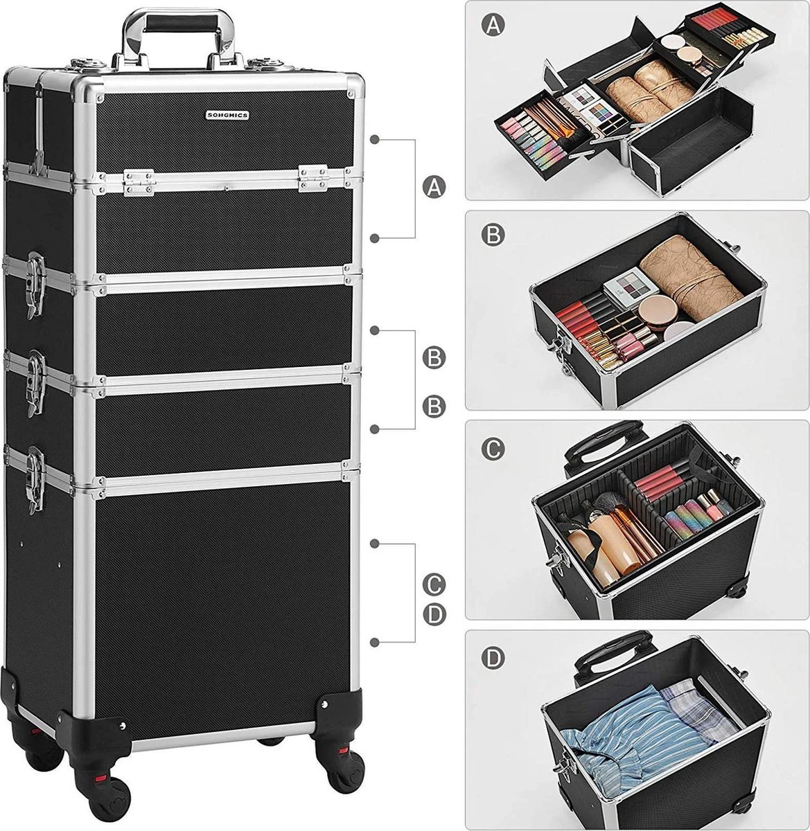 XXL PRO Visagie Beauty Case Koffer Trolley - Nagelkoffer Op Wielen Voor Makeup Of Cosmetica - Grote Uitklapbare Opbergsysteem Nagel Styliste Kapster - Zwart 5 XXL PRO Visagie Beauty Case Koffer Trolley - Nagelkoffer Op Wielen Voor Makeup Of Cosmetica - Grote Uitklapbare Opbergsysteem Nagel Styliste Kapster - Zwart - Afbeelding 5