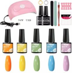 Mtssii - Gelnagel Kit - 5 ZOMER KLEUREN Gellak - Blauw, Groen, Oranje/nude, Geel En Lila- Starterkit - Manicure Set - 54 Watt UV Lamp - Gel Nagels