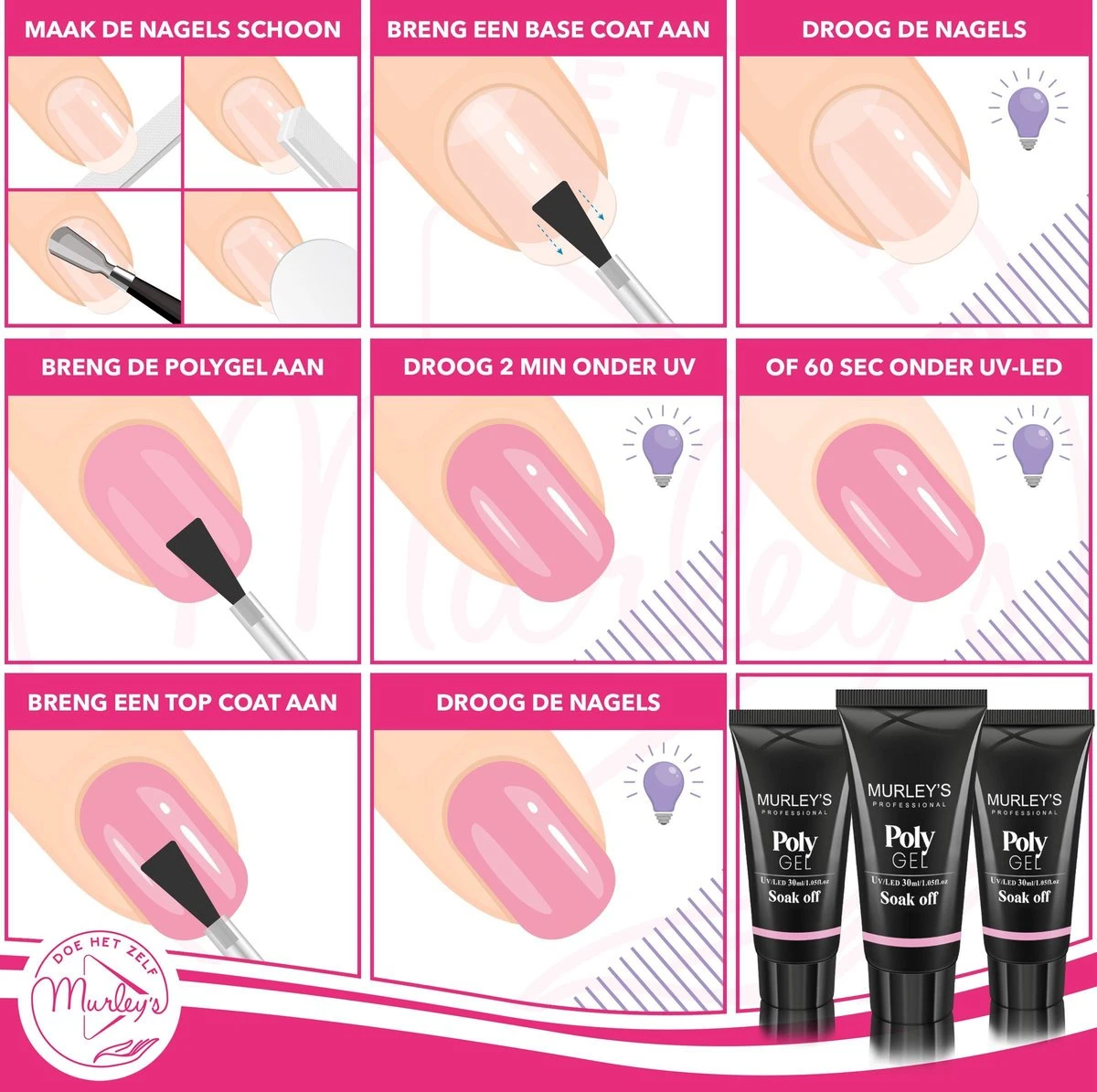 Murley’s Polygel Kit 3x 30ml Acryl Gellak - Gelnagels - Gel Polish Kunstnagels - Gelnagellak - Perfect Gelakte Nagels 4 Murley’s Polygel Kit 3x 30ml Acryl Gellak - Gelnagels - Gel Polish Kunstnagels - Gelnagellak - Perfect Gelakte Nagels - Afbeelding 4