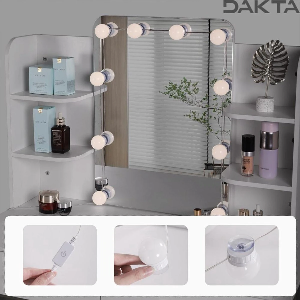 Dakta ® Luxe Make-Up Tafel Met Spiegel Met Verlichting | 2 Lades | Wit En Goud | Kaptafel 3 Dakta ® Luxe Make-Up Tafel Met Spiegel Met Verlichting | 2 Lades | Wit En Goud | Kaptafel - Afbeelding 3