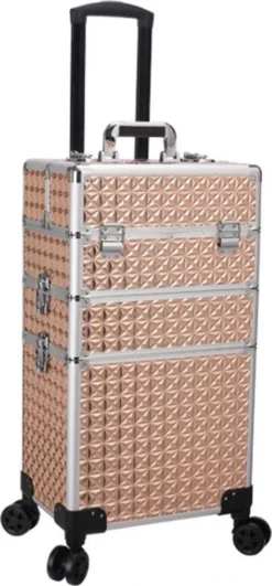 Kapper Koffer Gouden Kleur | Nagel | Visagist | Make-up | Cosmetica | Schminken | Trolley Stevig En Gemaakt Van Aluminium | 3 Delig | 8 Wielen | Bedekt Met Mooie Diamantjes