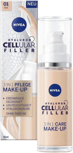 NIVEA Hyaluron Cellular Filler 3-in-1 Verzorgende Make-up #01 Licht (30 Ml), Hydraterende Foundation Met Hyaluron, Gezichtsmake-up
