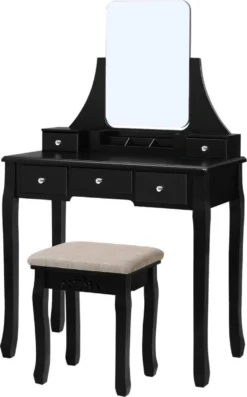 Merkloos Kaptafel, Kaptafel Met Grote Spiegel Zonder Frame, Toilettafel, Kaptafel, Voor Make-up, Gewatteerde Kruk, 5 Laden, Verplaatsbare Opbergdoos, Zwart RDT25BK -Cosmetica Winkel 747x1200 1