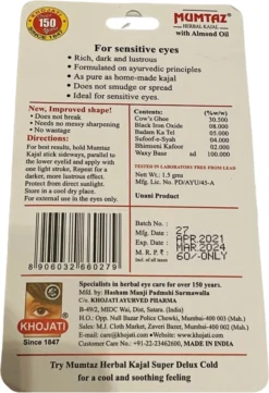 GoodUse Export Mumtaz Herbal Kajal Stick 1 Stuks - Zwarte Eyeliner - Kajal Oogpotlood Zwart - Make Up - Kohl Kajal - Gevoelige Ogen - Amandelolie - Natuurlijk -Cosmetica Winkel 820x1200