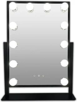 Zwarte Make-up Hollywood LED Spiegel, 12x Dimbare LED Bulbs. 3 Kleuren Licht